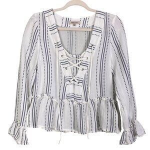 Cozy Casual Nautical Striped Peplum Lace-Up Top Blue White Ruffle Sleeve-S